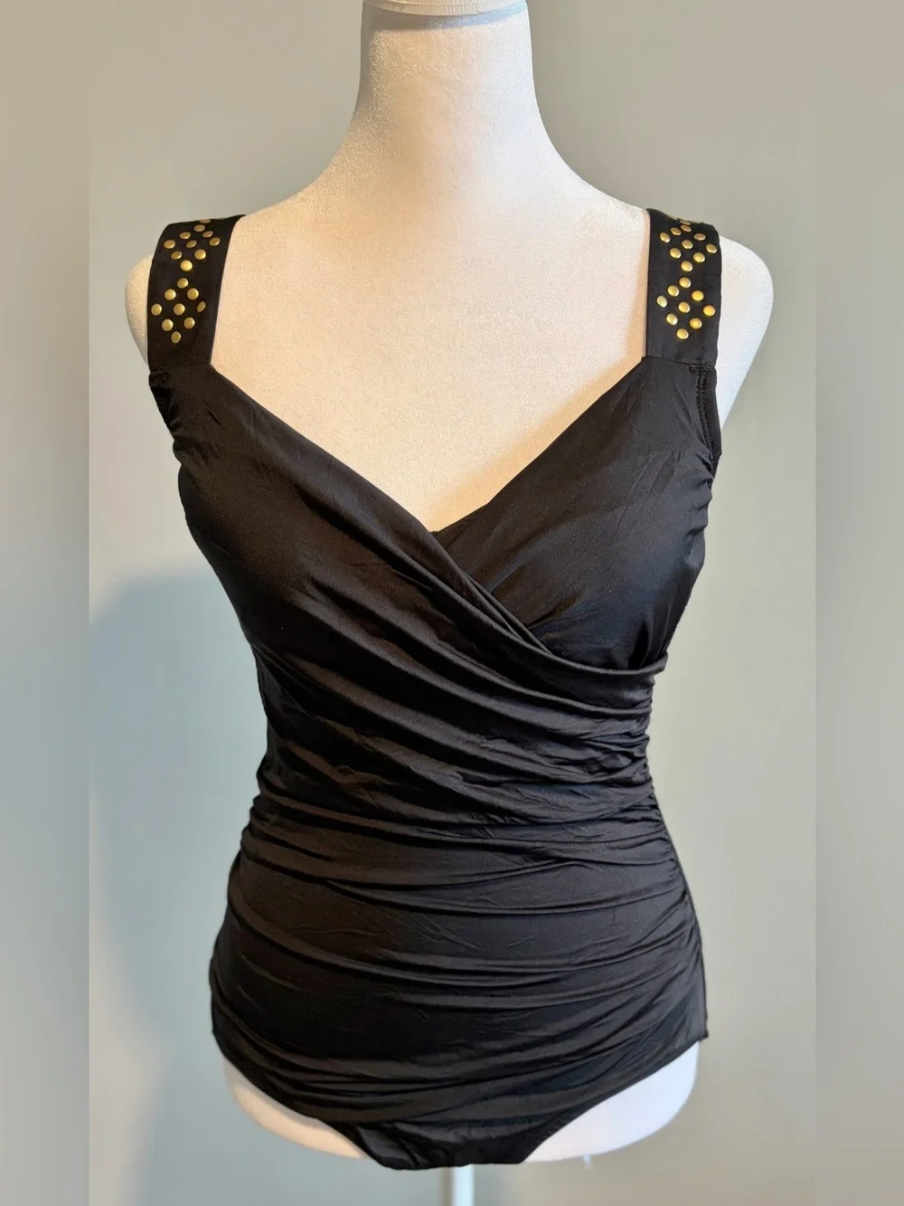 NWT Black One Piece Swimsuit V-Neck Ruched Tummy Control Studded Beach Resort